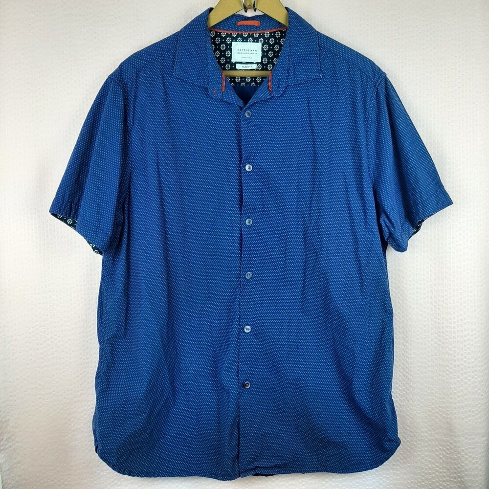 Cactus Man Shirt Blue Button Up 100% Cotton Slim Fit Daisy Print Size XL